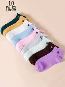 1/5/10/15/20 Pairs Random Women's Solid Color Bow Tie Sports Style Breathable Ankle Socks - Multicolor - View 11
