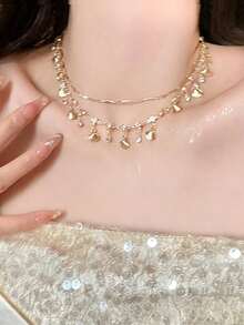 1 pieza Elegante collar de múltiples capas con borla de concha de rhinestone en estilo minimalista, adecuado para uso diario de mujeres, fiestas de noche importantes, regalo para el cumpleaños de la novia/mejor amiga - Collar con borla de concha marina de doble capa - Ver 11