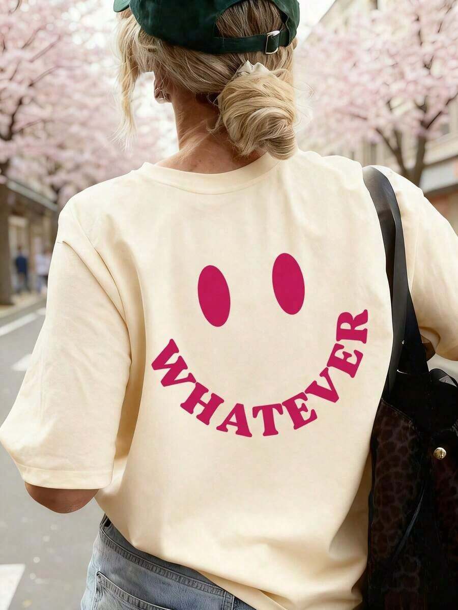 Women's Cotton T-Shirt New Summer Short-Sleeved T-Shirt For Women With Minimalist "WHATEVER" And Face Print, Round Neck, Dark Gray Color, Versatile And Suitable For Casual Spring Blouses For Ladies. Round Neck 100% Cotton Soft Fabric Short Sleeve - 杏 - 查看 1