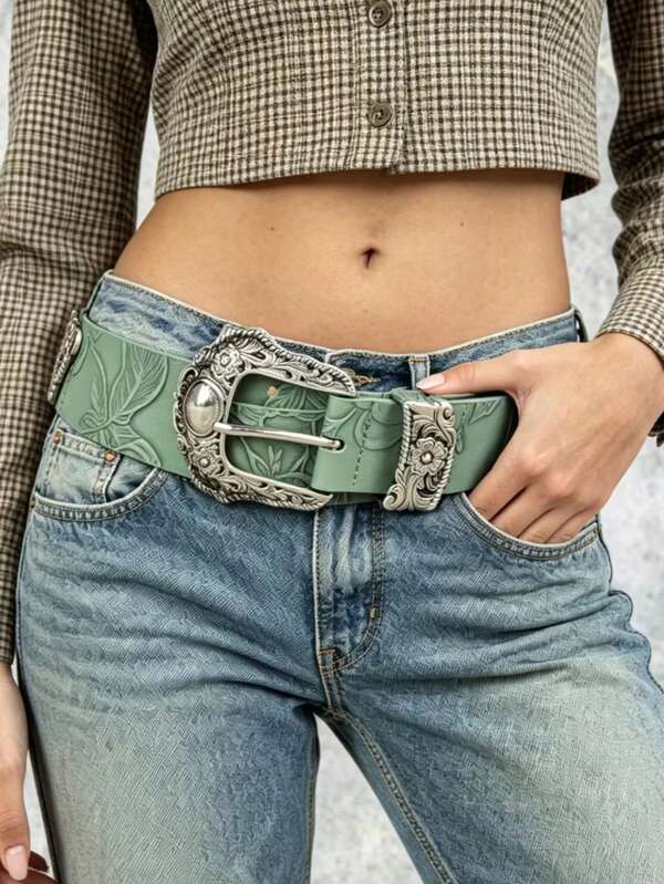 1pc Boho Style Printed Belt, Green Waist Belt With Copper Buckle, Fashion Accessory For Dress, Pants, Coat, Suitable For Daily Wear, Party, Music Festival
