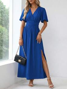 Summer New Arrival Maxi Dress For Women Flowy V Neck Ruffle Sleeve Long Dress With High Slit – As Wedding Dresses Guest - Xanh đậm - Xem 3