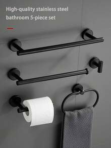 Stainless Steel Towel Rack, Multi-Functional Bathroom Storage Set, Bathroom Towel Rack, Paper Towel Holder, Bath Towel Ring, Hooks. Requires Drilling For Installation. Drilled Installation Is And Secure. Bathroom Storage - Black - View 1