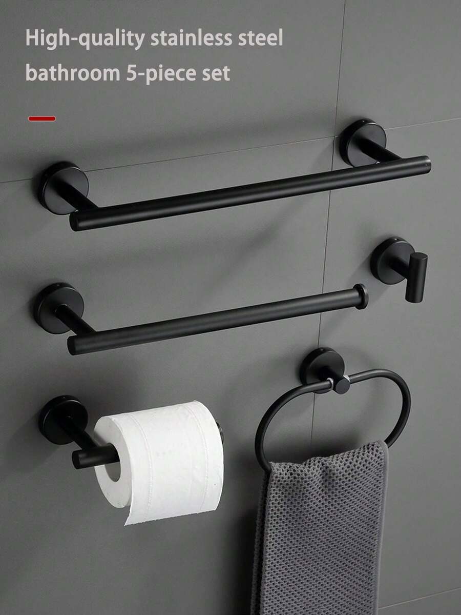 Stainless Steel Towel Rack, Multi-Functional Bathroom Storage Set, Bathroom Towel Rack, Paper Towel Holder, Bath Towel Ring, Hooks. Requires Drilling For Installation. Drilled Installation Is And Secure. Bathroom Storage - Black - View 1