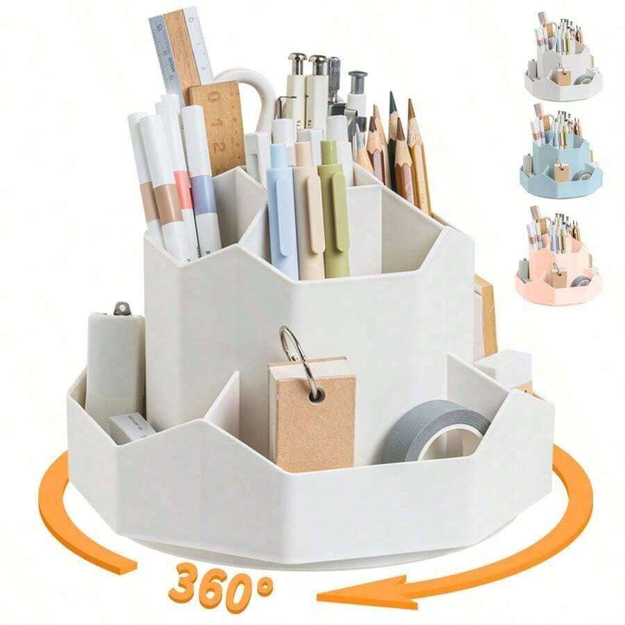 Pencil Pen Holder For Desk,9 Slots 360 Degree Rotating Desk Organizers,Desktop Storage Stationery Supplies Organizer, Cute Pencil Cup Pot For Office, School, - Pink - 查看 1