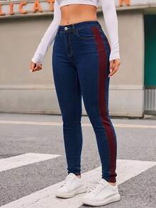 Quần jean nữ mùa hè phối nhiều mảnh, kiểu dáng thường ngày, dáng ôm, thiết kế sọc bên hông, túi dài, cài nút và khóa kéo, chất liệu co giãn vừa phải. - Màu xanh lam - Xem 2