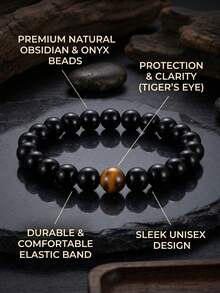 天然黑玛瑙和虎眼石串珠手链，男女皆宜，弹性可拉伸水晶手环，简约力量与守护时尚饰品礼品 - 彩色 - 查看 1