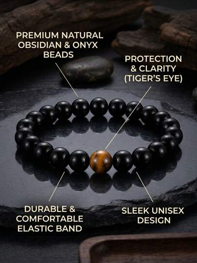 天然黑玛瑙和虎眼石串珠手链，男女皆宜，弹性可拉伸水晶手环，简约力量与守护时尚饰品礼品