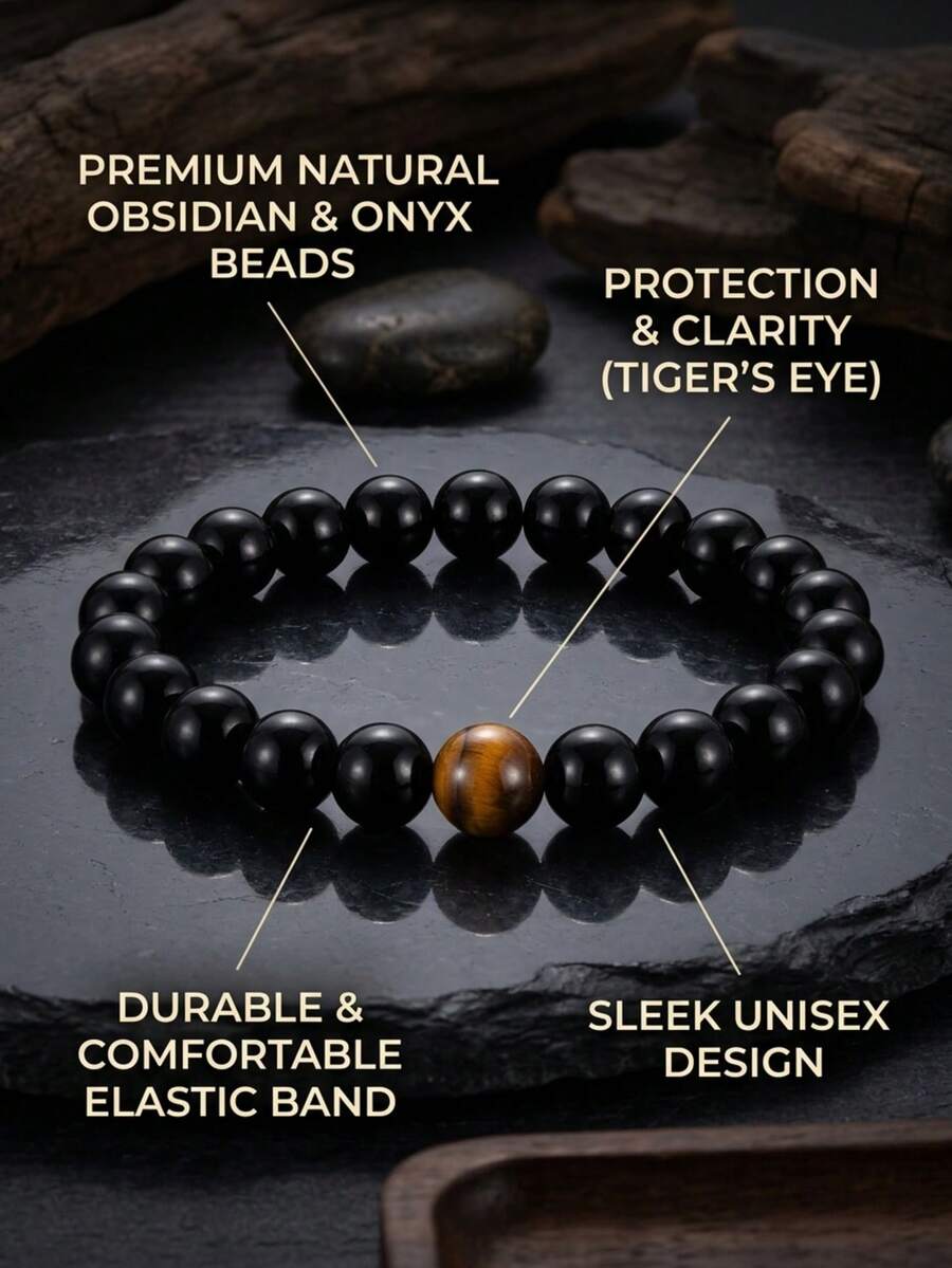 天然黑玛瑙和虎眼石串珠手链，男女皆宜，弹性可拉伸水晶手环，简约力量与守护时尚饰品礼品 - 彩色 - 查看 1