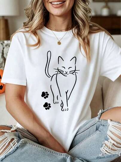 Casual Women s Knitted Fabric Short Sleeve Round Neck Regular Length T-Shirt with Butterfly Print