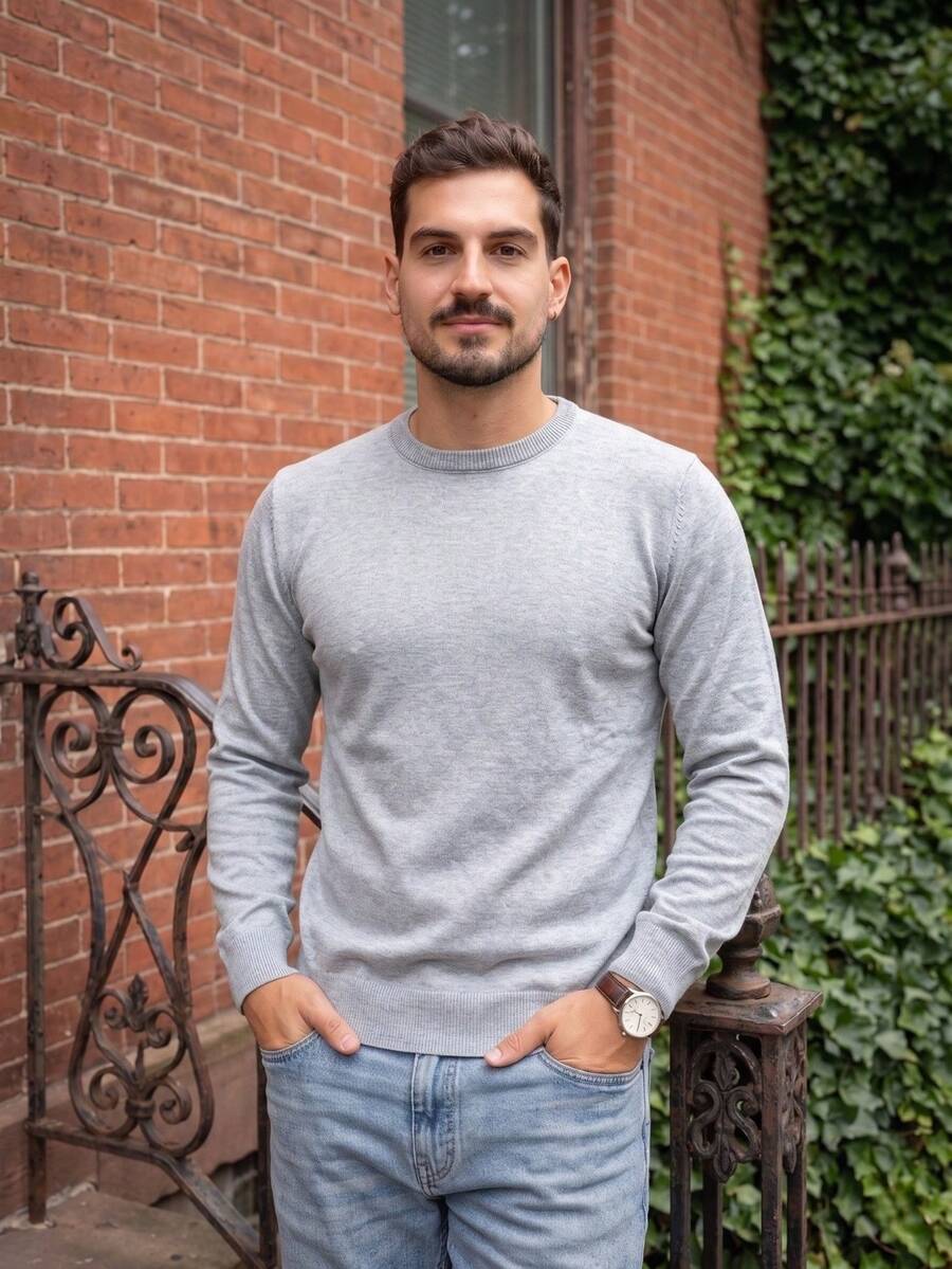 Men's Premium Knitting Sweater Long Sleeve Round Neck Sophisticated Timeless - 灰色 - 查看 1