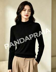 Women's Thermal Fleece Blouse, Ribbed High Neck, Winter Long Sleeve - 黑色 - 查看 1