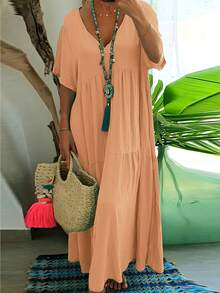 Summer Plus Size Casual Loose V Neck Solid Color Dress For Women Elegant - Orange - View 1