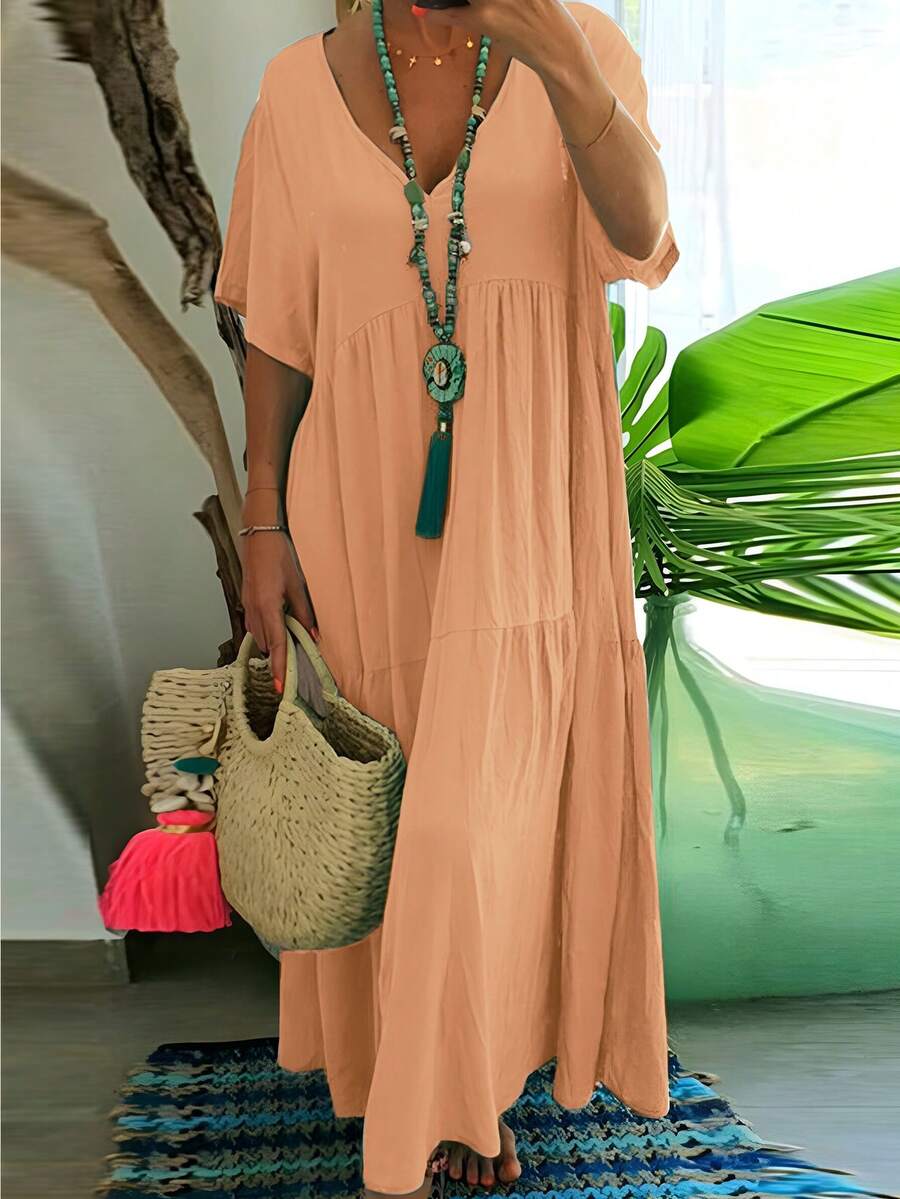 Summer Plus Size Casual Loose V Neck Solid Color Dress For Women Elegant - Orange - View 1