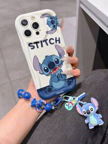 Disney Lilo & Stitch Phone Case With Stitch Beaded Wrist Strap & Plush Keychain, Cute Stitch Cartoon Full Print With "STITCH" Text, Shockproof Silicone Wave Edge Case With 3D Stitch Charm & Hand Strap, Disney Stitch Phone Cover For IPhone 17, 16, 15, 14, 13, 12, And 11 Pro Models. Made Of Durable TPU With Shockproof Protection. A Fun Gift For Family, Friends, Birthdays, Holidays, And Special Occasions. - trắng - Xem 3