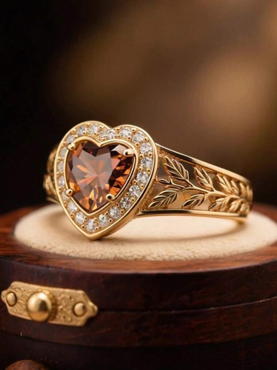 1pc Cute Heart Design Ring Inlaid Shiny Cubic Zirconia, Fashion Copper Finger Ring For Women - Heart-shaped Ring - View 1