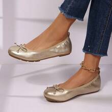 Women's Soft Ballet Flats – Bow Round Toe Walking Shoes Lightweight Comfort Flats - 金色 - 查看 2