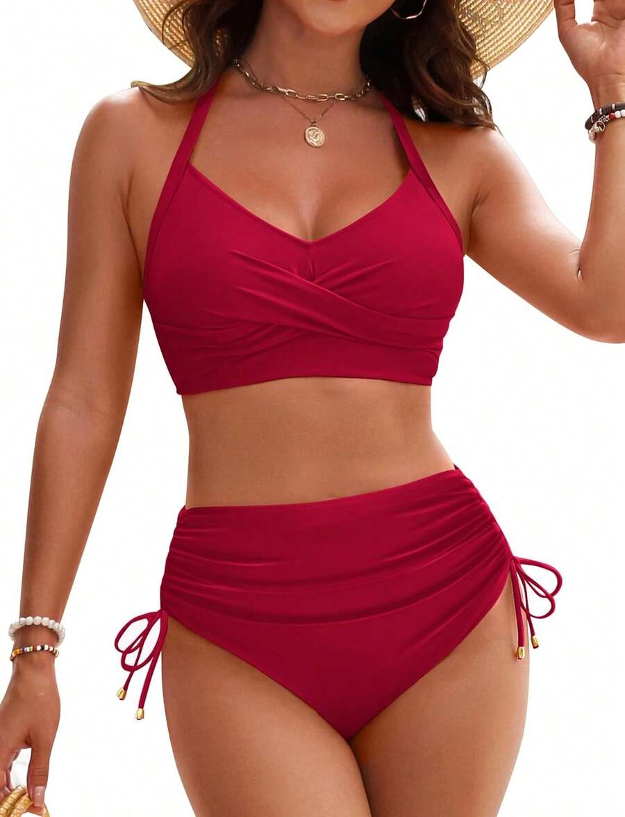 Women's High Waisted Bikini Sets, Crisscross Tie Back Drawstring Tummy Control Two Piece Swimsuits Bathing Suit - 紅色 - 查看 1