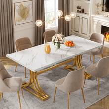 Tribesigns Table à manger moderne 160 x 80 cm pour 4 à 6 personnes, table de cuisine avec plateau imitation marbre, structure métallique robuste, blanc et or - Doré - Voir 4