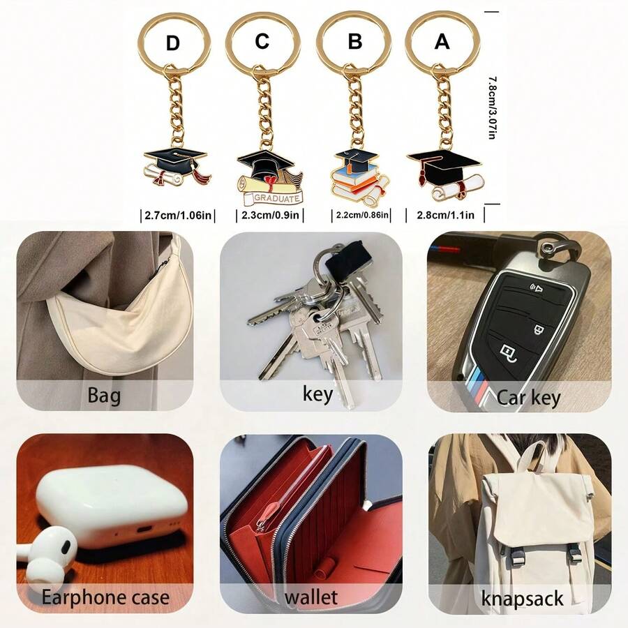 Llavero de graduación de aleación con sombrero de doctor, regalo de vuelta a la escuela, colgante inspirador para estudiantes, adorno para coche y teléfono - Multicolor - Ver 1