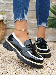 Giày lười nữ da bóng, kiểu dáng thoải mái, đế dày, thắt nơ, thích hợp mang hàng ngày. - màu đen - Xem 1