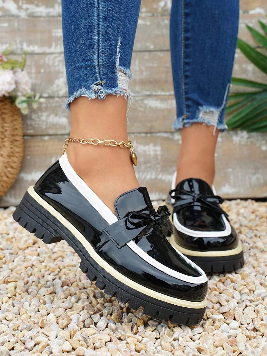 Giày lười nữ da bóng, kiểu dáng thoải mái, đế dày, thắt nơ, thích hợp mang hàng ngày. - màu đen - Xem 1