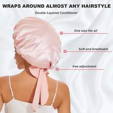 1PC Blush Pink Satin Hair Bonnet With Long Wrap Tie, Comfortable Sleep Cap For Home, Spa Day, Travel & Daily Night Routine - Pink - View 3