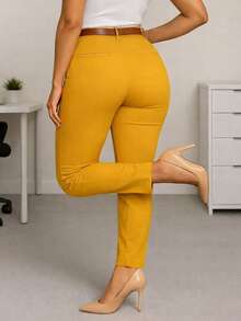 Pantalón de Vestir para Dama con Cinturón. Tela Strech. Ajuste Perfecto Push Up - Amarillo Mostaza - Ver 5