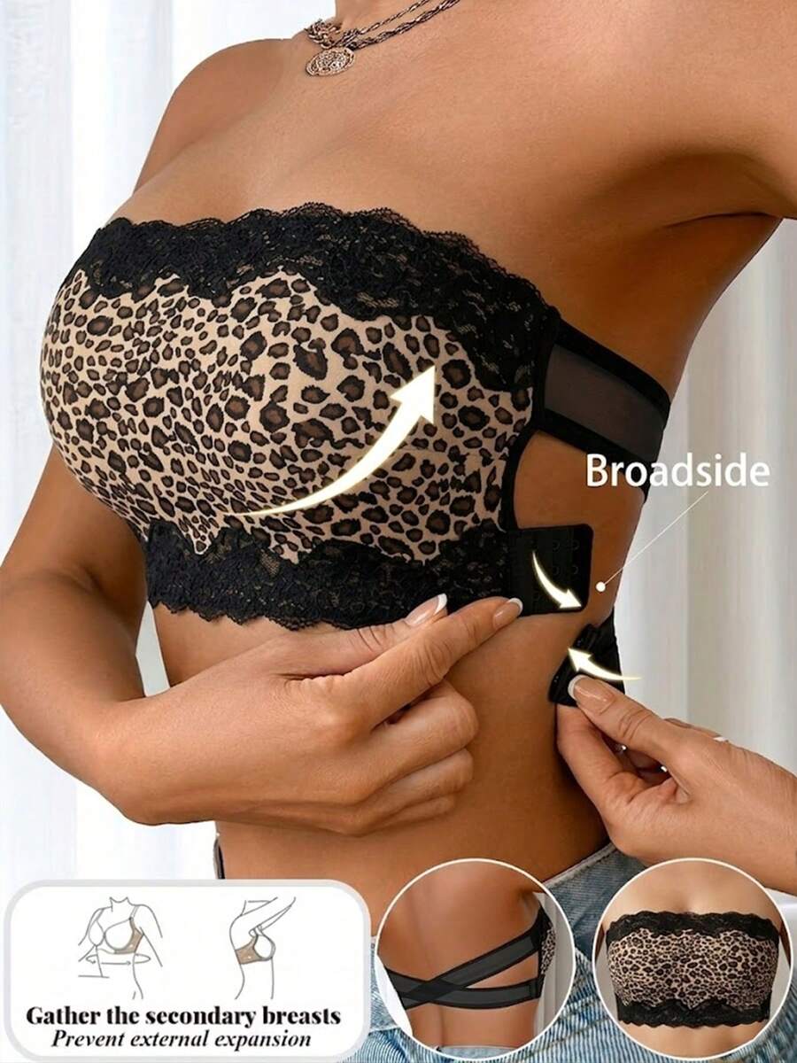 Leopard Print Lace Trim Strapless Breathable Mesh Criss-Cross Back Bandeau Bra - Black - View 1