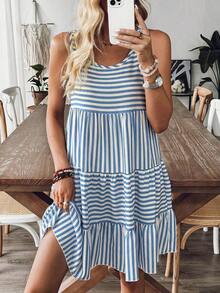 Vestido casual de mujer a rayas para vacaciones, de estilo minimalista y apropiado para el verano - Azul - Ver 4