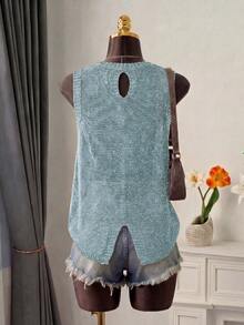 Women's Fashion Sleeveless Knit Tank Top, Round Neck, Asymmetric Hemline Design Summer - Blue - View 3