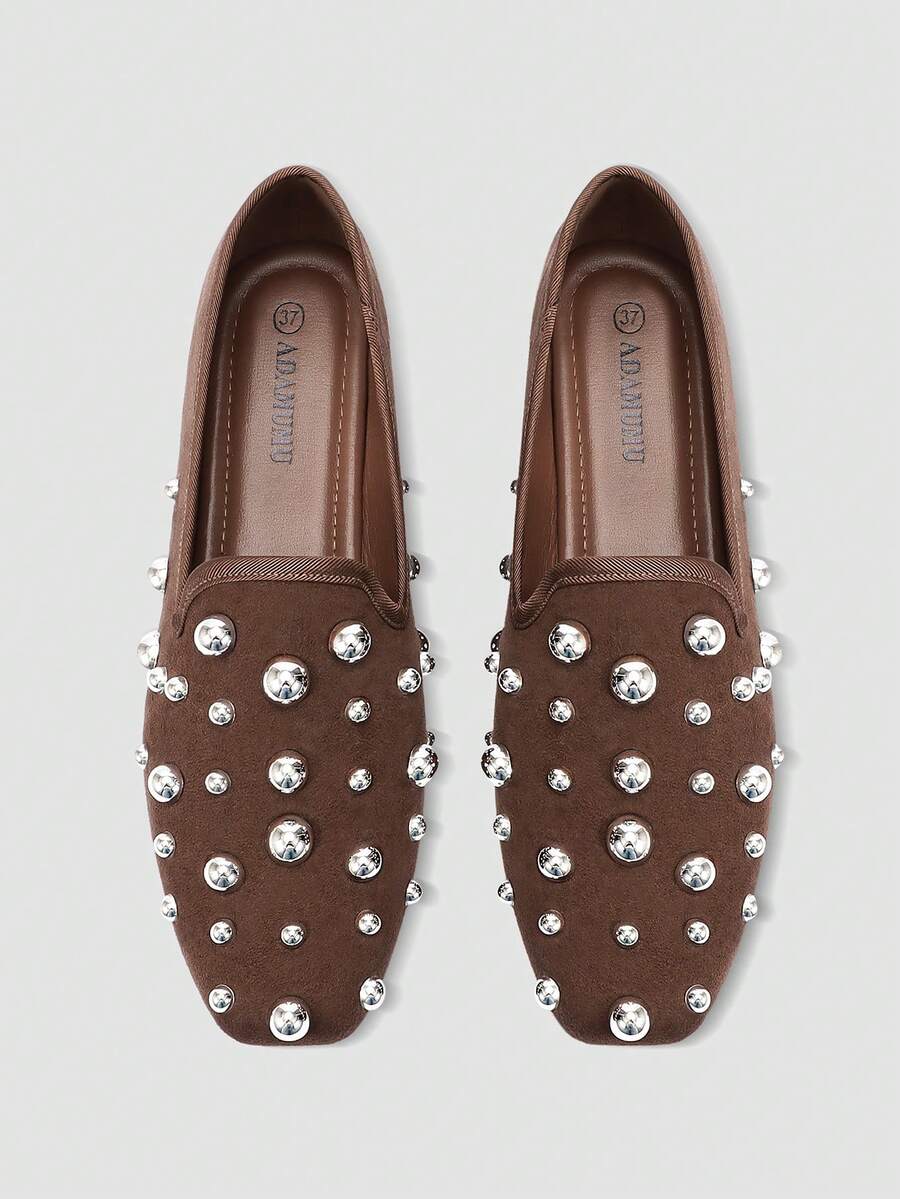 Nouvelles Mocassins Confortables Haute Mode pour Femmes ADAMUMU, Clous Métalliques Réfléchissants Brillants, Légers Convenant pour le Printemps, l'Été, l'Automne et l'Hiver, à la mode et Confortables pour un Port Quotidien et en Soirée - Taupe - Voir 1