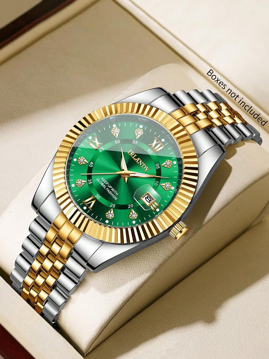 1 pieza Reloj de hombre de moda clásica con esfera de números romanos, detalles de rhinestone, reloj de pulsera de cuarzo casual (1 pieza/set), caja de reloj no incluida - Multicolor - Ver 1
