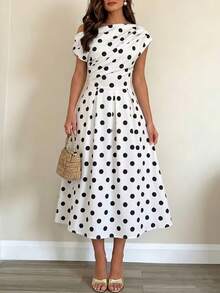 ChicMe Women Polka Dot Skew Neck Midi A Line Dress Retro Pleated Waist Pocket Sundress Elegant Date Party Wear - White - View 2