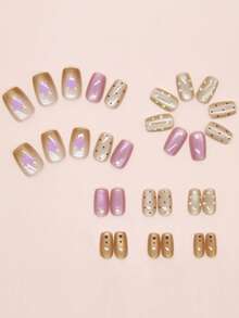 30 Pieces Of Short-Style European-Style Elegant White Cat-Eye Brown Polka Dot Gradually Changing To Purple Star Push-On Reusable Artificial Nails, Accompanied By 1 Piece Of Jelly Glue And 1 Stick. 30 Pieces Of Multi-Sized Options Available: The Complete Set Contains 30 Pieces Of Nails Of Different Sizes - Multicolor - View 2