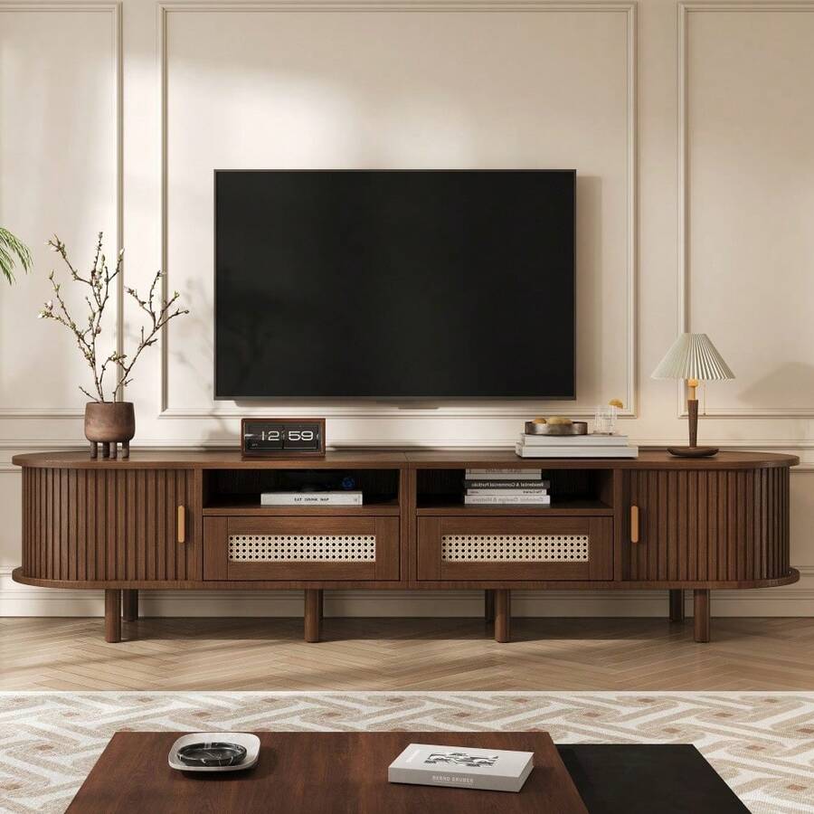 Oval TV Stand 170 X 40 X 40 Cm, TV Table, TV Cabinet With 2 Rattan Design Drawers, 2 Sliding Doors, Low Table And TV Table For TVs Up To 70 Inches, TV Board And TV Chest, Walnut. - Brown - View 1