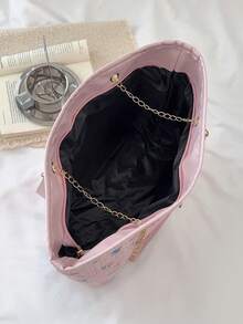 2025 New Casual Large Capacity Diamond Pattern Solid Color Bow Tote Bag, Minimalist Fashion Handbag - Pink - View 5