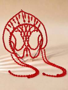 1pc Luxury Red Bridal Crown Headband, Tassel Forehead Jewelry Suitable Wedding Party - Red - View 6