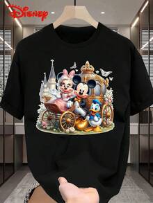 Disney 1件男士米奇米妮卡通印花短袖T恤，圆领，弹力面料，适合日常穿着，易打理，时尚休闲男士T恤，短袖T恤 - 黑色 - 查看 3