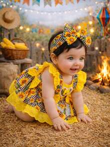 Baby Girl's Skirt Overalls Blogger Maria Bonita Lampião Northeast Costume Monthly Birthday July Julina Northeastern Juliette Classic School Dance São João Quadrilha Caipirinha Look Junino Pennant Party Photo Shoot With Hair Tiara Cute Charm Fashion Arraiá Ruffle Decorative Bow Delicate - Màu vàng - Xem 2
