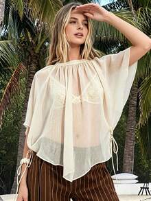 Womens Mesh Poncho Tops Mock Neck Loose Fit Solid Color See Through Flowy Summer Cover Up Shawl Wrap Blouse - White - View 3