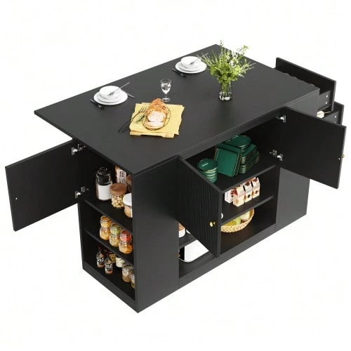 Modern Kitchen Island, Kitchen Unit, Sideboard, Kitchen Cabinet With Drawers And Shelves, Sideboard For Kitchen And Dining Room, Black - Black - View 1