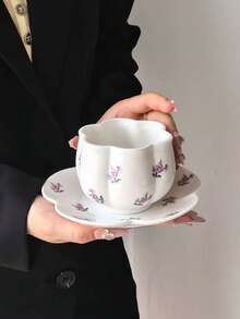 1 Set Ceramic Coffee Cup & Saucer With Ditsy Floral Pattern, French Chic Floral Rim Ceramic Cup, Matching Floral Rim Plate, Ceramic, Cute, Creative, Personalized Breakfast Cup, Tea Cup, Coffee Cup - Multicolor - View 6