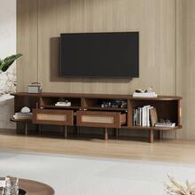 Oval TV Stand 170 X 40 X 40 Cm, TV Table, TV Cabinet With 2 Rattan Design Drawers, 2 Sliding Doors, Low Table And TV Table For TVs Up To 70 Inches, TV Board And TV Chest, Walnut. - Brown - View 5