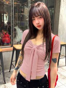 女士蝴蝶结设计短袖T恤，修身V领夏季粉色上衣 - 粉色 - 查看 1