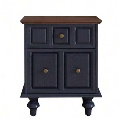 Vintage 52cm Bedside Table With 2 Drawers And Roman Column Legs, Solid Wood Nightstand, Side Table For Bedroom Or Living Room (Dark Blue).