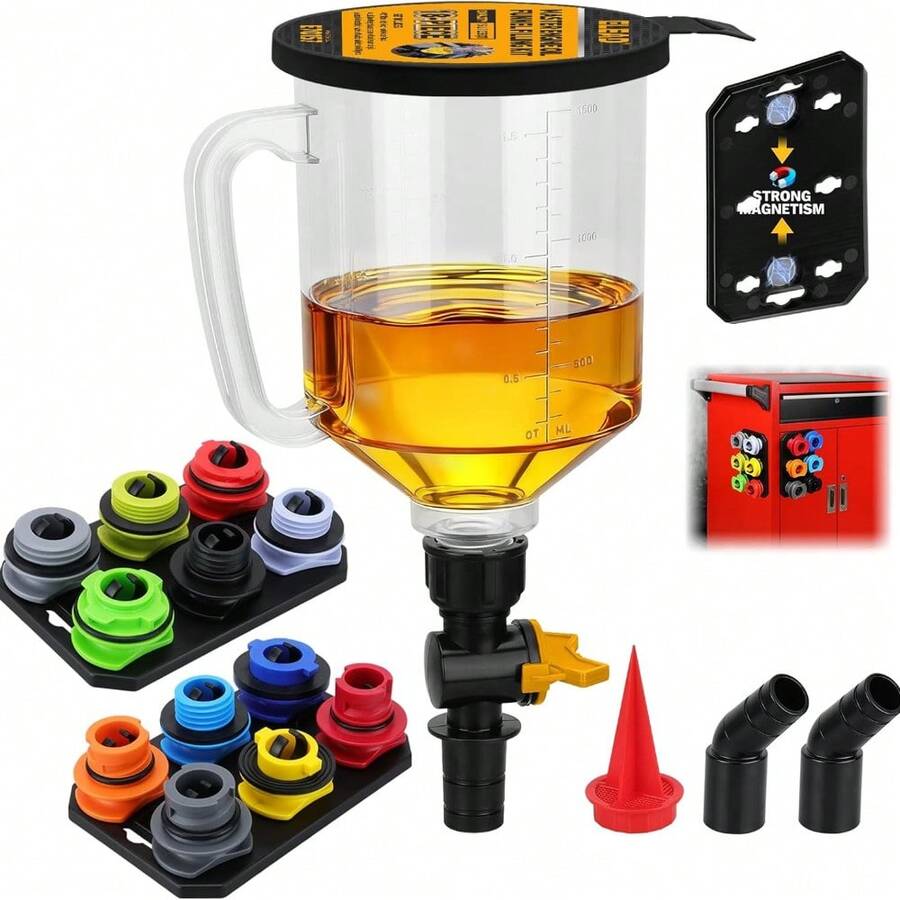 18-Piece Engine Oil Funnel Kit, 1.59QT/1.5L Automotive Oil Funnel Set With 12 Adapters, Elbow Fitting, Arrow Screen And Magnetic Storage Hooks Tray, Compatible With GM, Audi, Land Rover Etc - Default - View 1