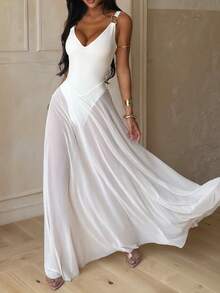 Vestido de playa sexy y elegante de verano con cintura ceñida y falda acampanada, adecuado para vacaciones, festivales, bodas y regreso a la escuela - Blanco - Ver 2
