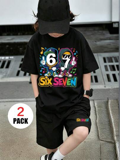 Bộ 2 món cho bé trai lớn, phong cách hip hop đường phố Mỹ, in hình nhân vật hoạt hình, gồm áo thun ngắn tay và quần short thể thao, trang phục trẻ em mát mẻ và đa năng cho sinh hoạt hàng ngày, đi học, nghỉ lễ và tiệc tùng.