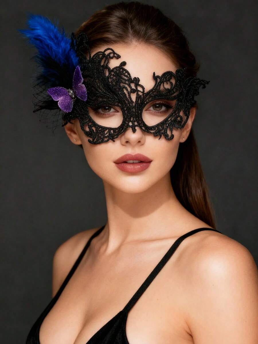 Mặt nạ bướm ren đen với lông vũ nhân tạo, phụ kiện trang phục hóa trang gợi cảm phong cách cung đình cổ điển, phụ kiện hóa trang tinh tế cho các cặp đôi dự tiệc, hẹn hò.