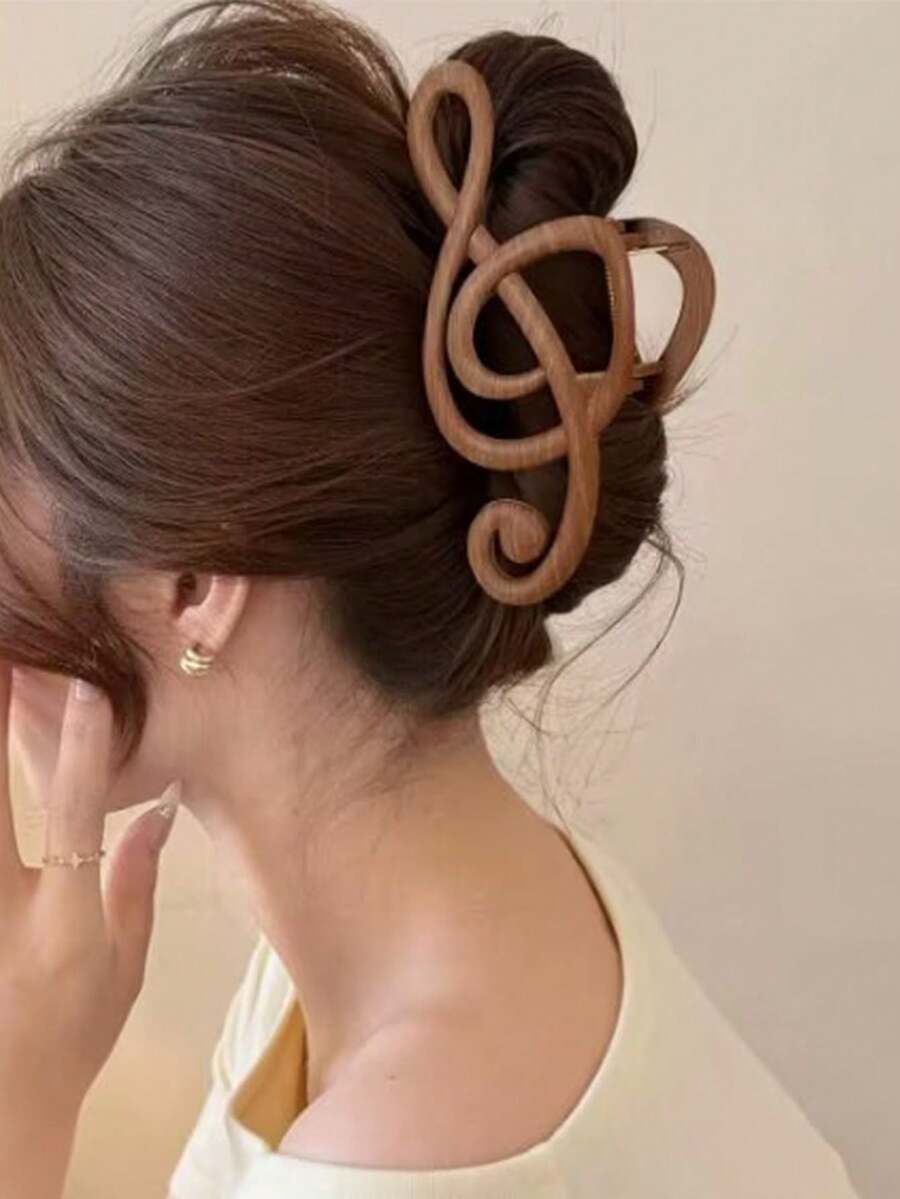 1pc Minimalist Cute Faux Wood Grain Music Note Hair Claw Clip, Large Size Suitable For Thick Hair, Hair Accessory - Brown - View 1